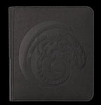 A black textured faux-leather folio or binder with an embossed circular dragon design on the front cover, shown against a plain white background.