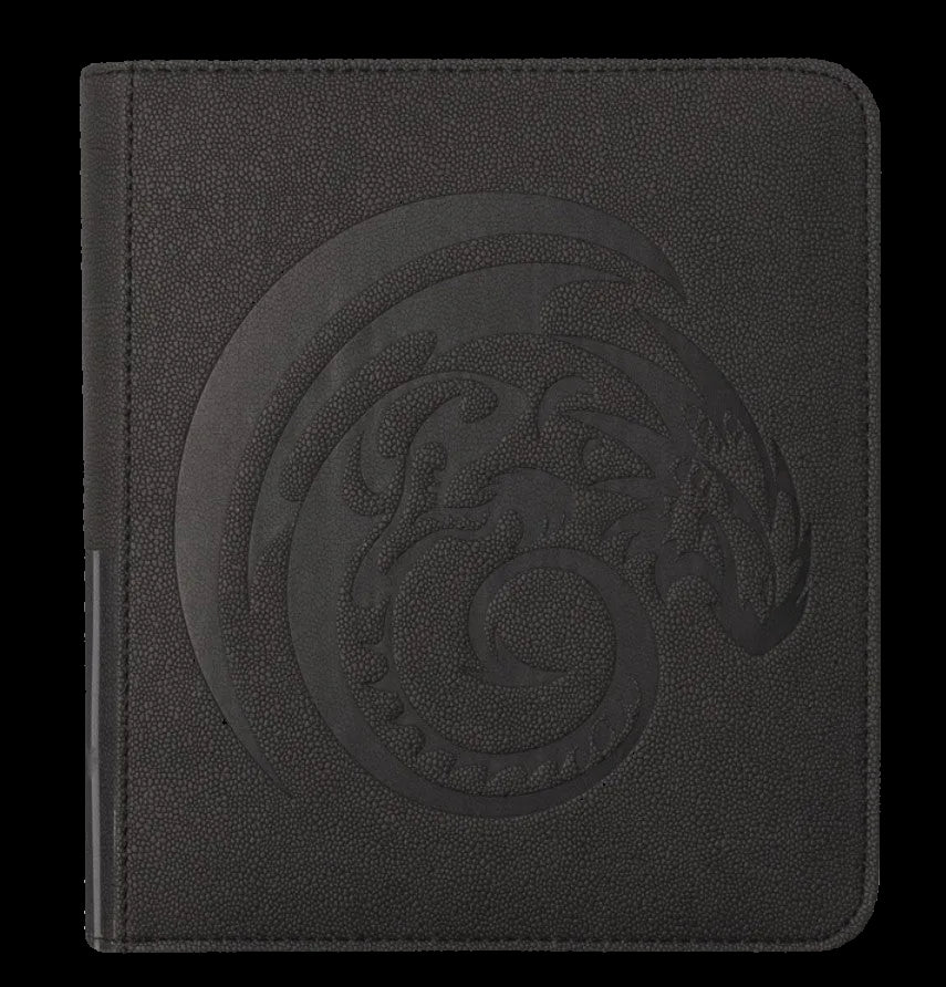 A black textured faux-leather folio or binder with an embossed circular dragon design on the front cover, shown against a plain white background.